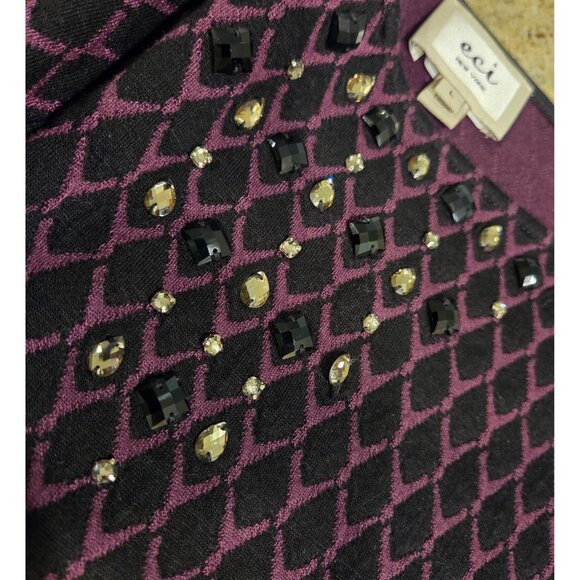 New! ECI Size L Sweater Black Purple Embellished Neck Rhinestone Geometric - Picture 9 of 16